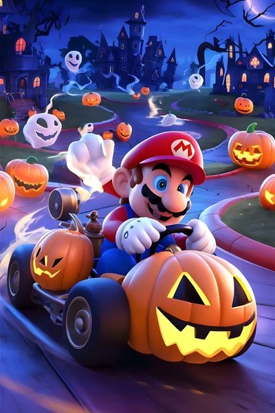 mario kart is driving through the pumpkin patch Halloween Mario Halloween Mario Characters, Super Mario Halloween Art, Mario Halloween Art, dark slate blue