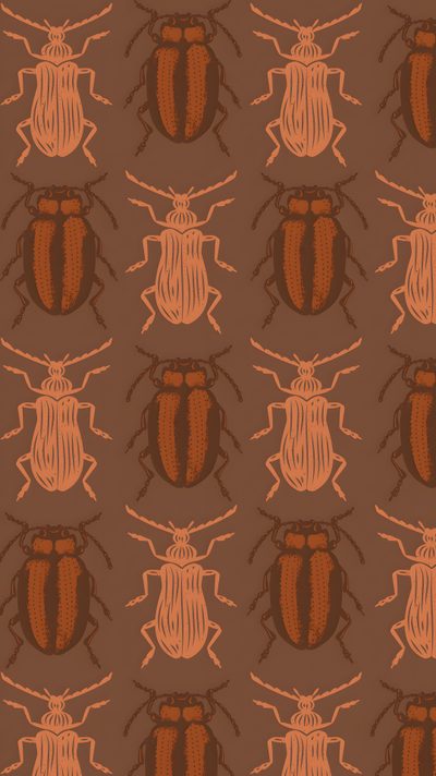 a brown and orange beetle pattern on a dark background, with small red bugs in the middle Halloween Insects Beetle, Dusty, Bug, Coraline Bug, Apple Background Art, Insect Background, saddle brown