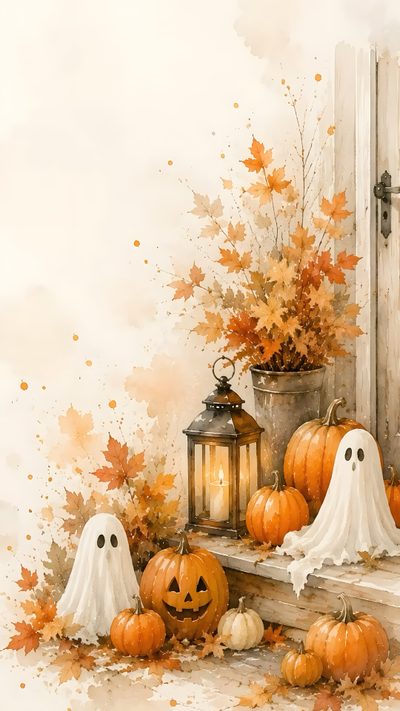 a watercolor painting of pumpkins and ghost decorations on the steps with a lantern Vintage Halloween Art Halloween, Warm Autumn, Autumn Cozy, Cute Ghost, Lantern Lights, wheat