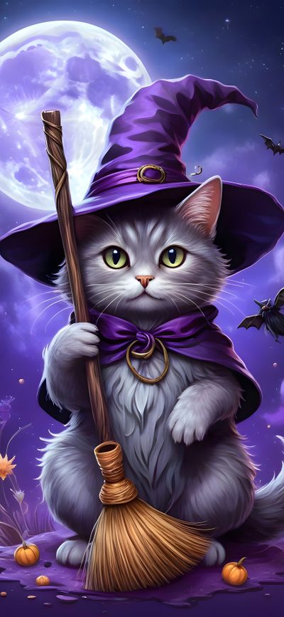 a painting of a cat dressed as a witch holding a broom and wearing a purple hat Halloween Kitty Lilac Custom Cat Halloween, Halloween Cats, Halloween Purple Cats Custom, dark slate blue
