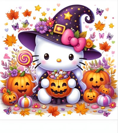 a hello kitty halloween scene with pumpkins and candy Halloween With Hello Kitty In A Hat Hello Kitty Backgrounds Halloween, Cute Halloween Hello Kitty, Charmmy Kitty Halloween, pink