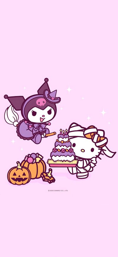 hello kitty halloween wallpaper with pumpkins and other items on the ground, including a cake Sanrio Halloween Pastel Kuromi Halloween Iphone, Halloween Sanrio Pfp, Hello Kitty And Friends Halloween, lavender blush