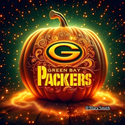a green bay packers pumpkin sitting on top of a wooden floor with lights in the background Packers Halloween Green Bay Packers Happy Thanksgiving, Green Bay Packer Pictures, Packers Pumpkins, maroon