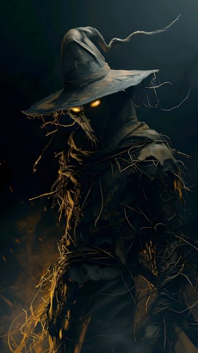a scarecrow with yellow eyes and a hat on his head is standing in the dark Halloween Scarecrow Scarecrow Character, Epic Wall Art, Spooky Halloween Pictures, Scary Scarecrow, black