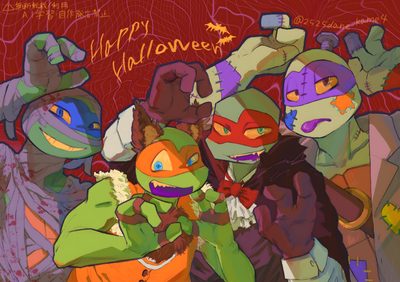 an image of teenage mutant ninjas with happy halloween written on them Tmnt Halloween Ninja Turtles Vampire, Tmntmm Fanart, Tmnt Group Photo, Tmnt Jack O Lantern, sienna