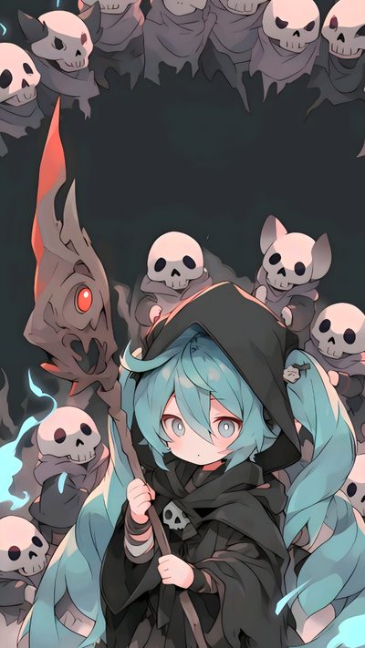 an anime character surrounded by skulls and bones Hatsune Miku Halloween Hatsune Miku Dark Souls, Cute Chibi Hatsune Miku, Miku Chibi, dark slate gray