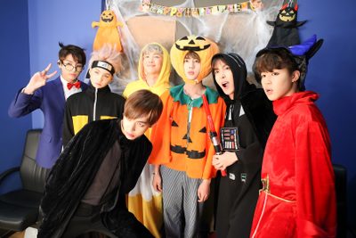 group of people dressed up in costumes posing for the camera Bts Halloween Laptop Fall Bts, Bts Thanksgiving, Bts Pumpkin Carving, Halloween 1978 Bts, dark slate gray