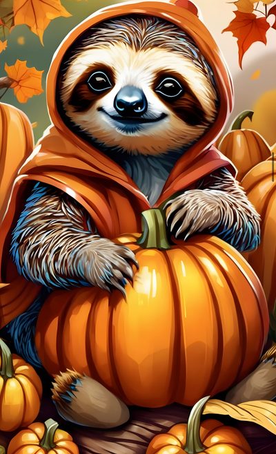 a slotty sitting on top of a pile of pumpkins Halloween Sloth Spooky Sloth Halloween, Halloween Animal, Thanksgiving Sloth, Christmas Sloths Custom, sienna