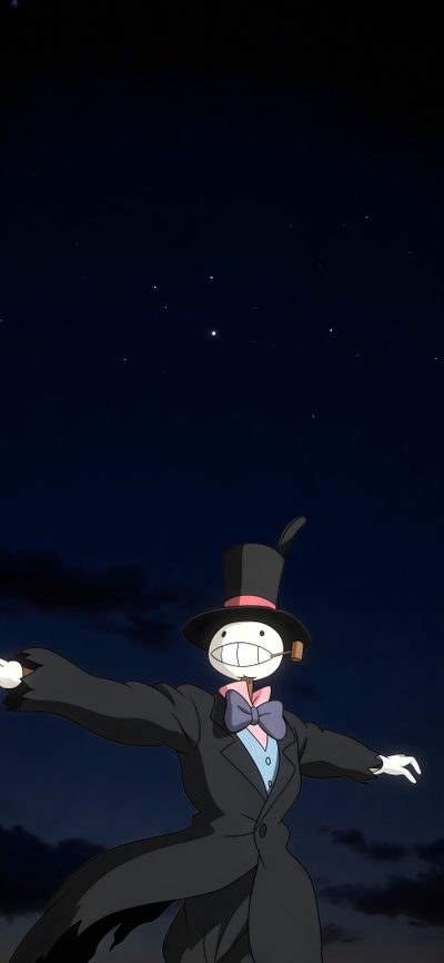 a person in a black suit and top hat with arms outstretched, standing under the night sky Ghibli Halloween Howls Moving Castle, Studio Ghibli, Ideas De Fondos De Pantalla, Art, Castle, Manga, black