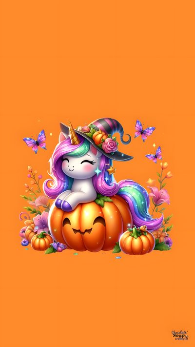 an orange background with a unicorn sitting on top of a pumpkin and butterflies flying around Halloween Unicorn Rainbow Halloween, Autumn Themed Unicorn Art, Yellow Unicorns, Autumn Unicorn, dark orange