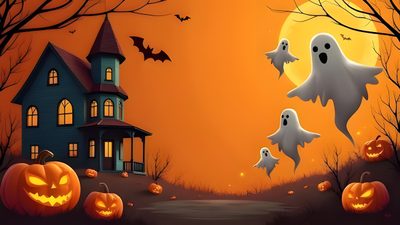 halloween scene with ghost and pumpkins in front of a house Windows 11 Halloween Halloween Backgrounds Landscape, Halloween Zoom Background, Halloween-themed Zoom Background, sienna