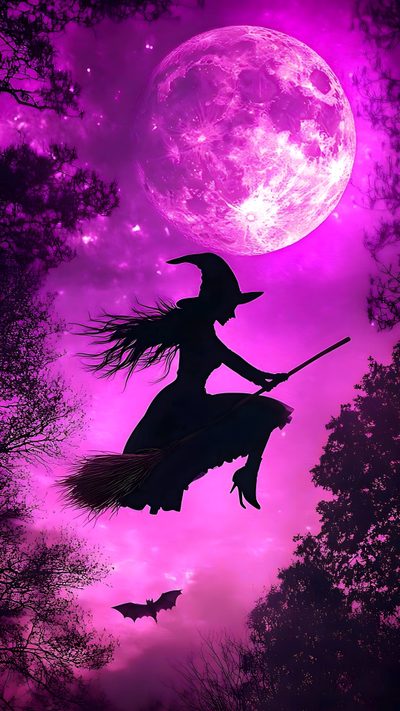 a witch flying through the air on her broom in front of a full moon and bats Halloween Purple Witch Witch Broomstick For Halloween, Witch Halloween, Witch, Halloween, dark magenta