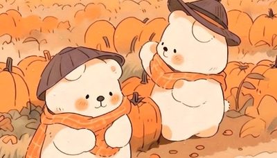 two teddy bears wearing hats and scarves in a pumpkin patch with an orange background Kawaii Halloween Desktop Fall Aesthetic Cartoon, Cute Fall Cartoon, Fall Cute Cartoon, sandy brown