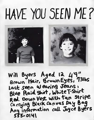 a poster with two young boys and the caption says, have you seen me? Missing Halloween Poster Small Town Mystery, Stranger Things Halloween, Sci Fi Wall, light gray