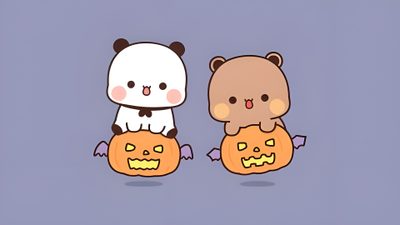 two cartoon bears sitting on pumpkins with faces Bubu Dudu Halloween Finally Friday, Emoji Art, Charlie Brown, Halloween, Fictional Characters, dark gray