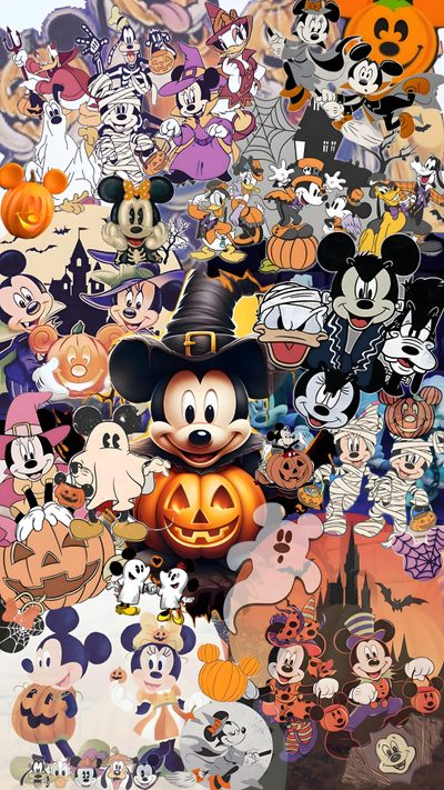 mickey mouse halloween wallpaper with lots of pumpkins and other cartoon characters in the background Disney World Halloween Mickey Mouse Halloween Iphone, Halloween Disney Aesthetic, Disney Halloween Aesthetic, rosy brown
