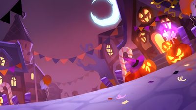 an animated halloween scene with pumpkins and jack - o'- lanterns Cookie Run Kingdom Halloween Cookie Run Kingdom Fall Layout, Cookie Run Kingdom Burning Spice Background, Cookie Run Kingdom Epic Background, dim gray