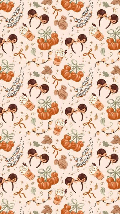 a pattern with pumpkins and other things on it Aesthetic Cute Disney Halloween Vintage Halloween Art, Disney Phone, Mickey Mouse, Animal Print, antique white