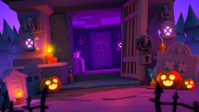 an animated halloween scene with pumpkins and jack - o'- lanterns in front of the entrance Halloween Pumpkin Brawl Custom Animated Discord Banner Halloween, Brawl Stars Background, Spooky Time Meme, dark slate gray