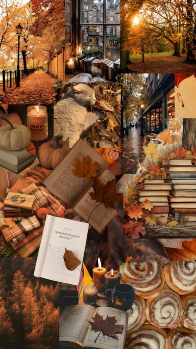 collage of autumn scenes with books and candles Autumn Aesthetic Halloween Collage Autumn Collage, Fall Backgrounds Iphone, Gilmore Girl, sienna
