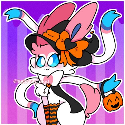 an image of a cartoon character with pumpkins on her head and hair in the shape of a cat Halloween Sylveon Hd Glaceon Halloween, Vampire Sylveon, Sylveon Animation, Sylveon Mimikyu, orchid