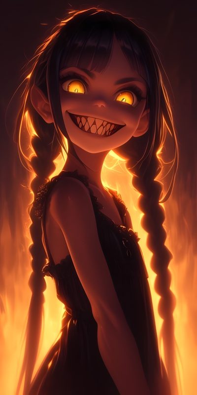 a drawing of a girl with glowing eyes and long hair, standing in front of a fire Halloween Scary Cute Girl Happy Demon, Orange Demon, Angry Demon, Scary Girl, Scary Demon, Demon Smile, maroon