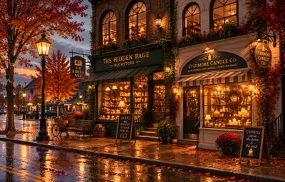 an image of a city street at night with lights on and autumn foliage in the foreground Halloween City Hd Fallen Book, Autumn Cozy, Candle Shop, Autumn Day, Ipad, Cozy Fall, maroon