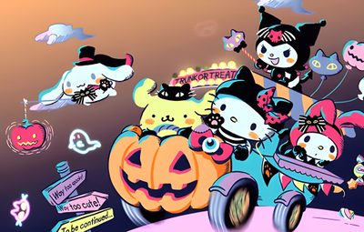 an image of hello kitty halloween scene with pumpkins and cats on the car in the background Sanrio Halloween Gif Cinnamoroll Halloween Gif, Hello Kitty And Friends Halloween Gif, Halloween Hello Kitty Gif, rosy brown