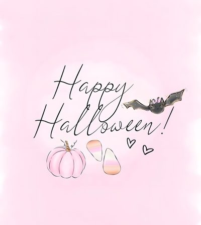 a happy halloween card with pumpkins and bats on it's pink back ground Happy Halloween Pink Cute Halloween Card Design, Diy Halloween Card Ideas, Halloween Party Invitation Inspiration, lavender blush