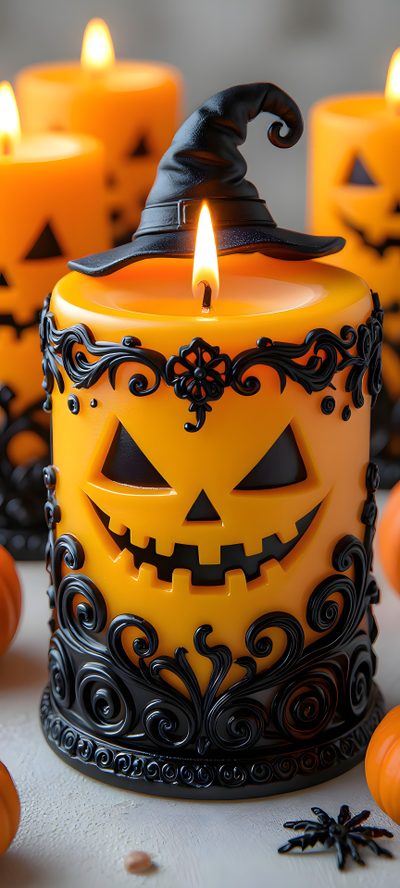 there is a candle that has been decorated like a pumpkin Halloween Candle Halloween Candle Images, Halloween Candle Design Ideas, Halloween Candle Ideas, sienna