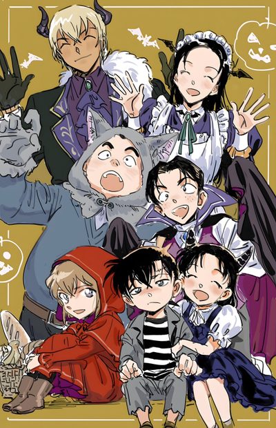 some anime characters are posing for a group photo with their hands up in the air Detective Conan Halloween Conan All Characters, Detective Conan Group, Detective Conan Cast, peru