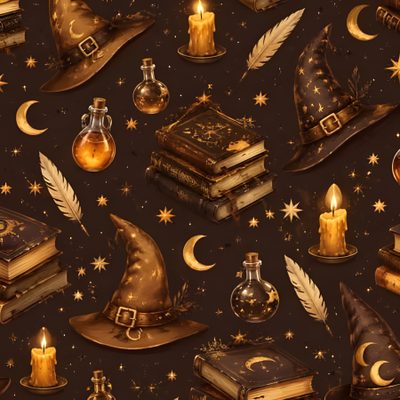 the wizard's hat is surrounded by books, candles and other items on a black background Halloween Witch For Bedroom Dark Hippie, Herb Jar, Candles Dark, Renter Friendly, Vinyl Paper, black