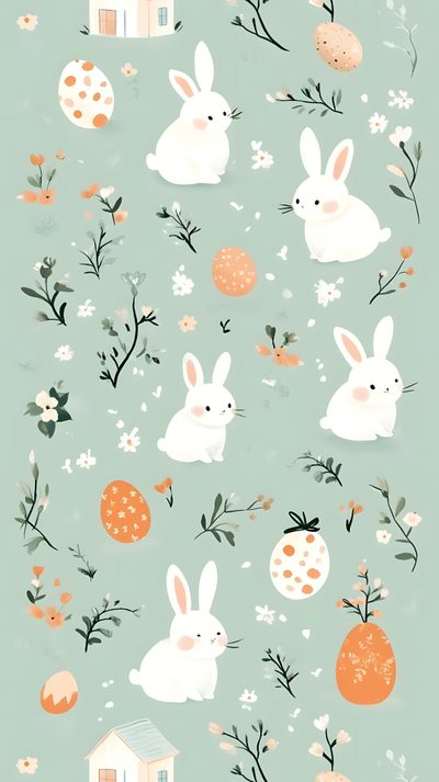 an image of rabbits and flowers on a blue background Halloween Easter Ideas Easter Backggrounds, Spring Bunny Background, Easter Iphone Aesthetic, silver