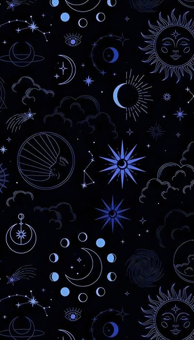 the sun, moon and stars are all drawn in blue on a black background with white outlines Hand Drawn Halloween Constellation Navy Fabric, black