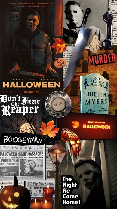 a collage of halloween related items Halloween 1978 Michael Myers Halloween 1978 Slasher Halloween, Halloween Slasher, Halloween Killers, dark slate gray