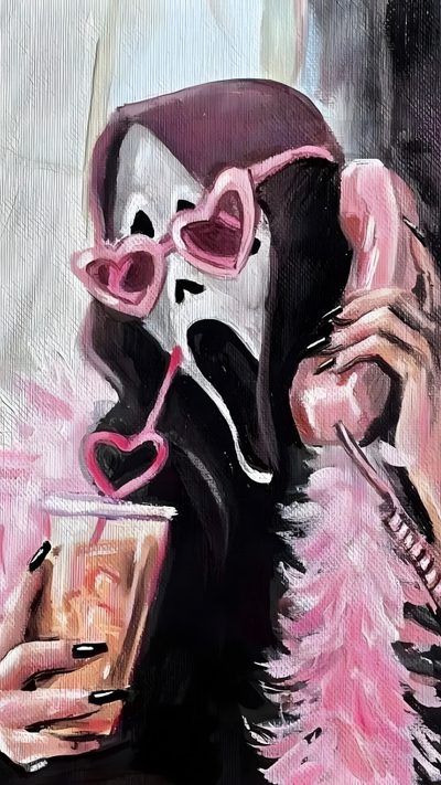 a painting of a woman in pink holding a cell phone to her ear and drinking from a cup Pink Halloween Ghostface Cute Scream Painting, Scary Movie Rosado, Pink Ghostface Aesthetic, rosy brown