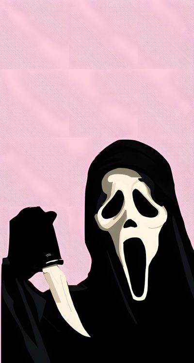 a person in a ghost costume holding a cell phone up to their face and mouth Cute Scream Halloween Pink Ghost Face, Pastel Ghost Face, Pink Scream, Scream Pink, Pink Scream Mask,