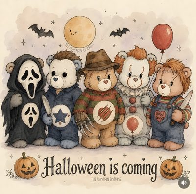 a group of teddy bears dressed up in halloween costumes and holding pumpkins, with the words halloween is coming above them Teddy Bear Halloween Halloween Aesthetic Vintage, Cute Halloween Aesthetic, Scary Halloween Drawings, wheat