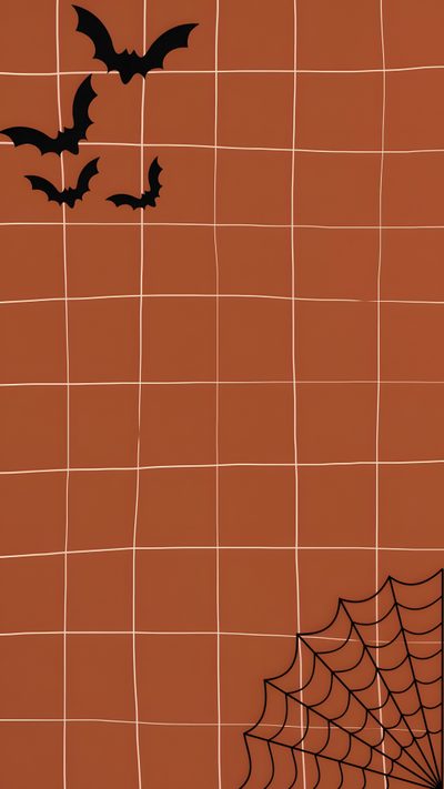 two bats flying over a spider web on an orange background with black dots and squares Halloween Vertical Halloween Background Easy, Simple Halloween Backgrounds, Halloween Background Simple Aesthetic, sienna