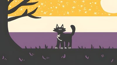 a cat standing in the grass under a tree at night with stars and moon behind it Nonbinary Halloween Nonbinary Halloween, Nonbinary Flag Aesthetic, Lgbtq Background Laptop, sienna