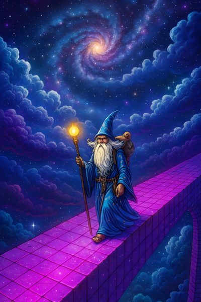 a painting of an old wizard walking across a bridge Merlin Wizard Halloween Rainbow Purple Dream Wizard, Time Wizard, Merlin Wizard Halloween Rainbow Purple, midnight blue