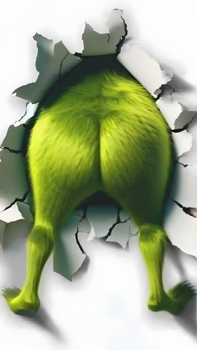 the grinch character is breaking through the white wall with his arms and legs, looking like he's ready for action Grinch Halloween Grinch Bending Over, Grinch Funny Pictures, Grinch Funny, Grinch Background Funny, dark khaki