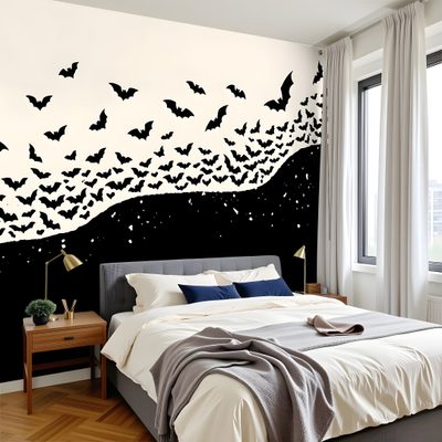 a bed room with a neatly made bed and lots of bats on the wall Halloween Bat For Bedroom Creepy Animals, Pvc Wall, Spooky Designs, Accent, Black And White Abstract, silver