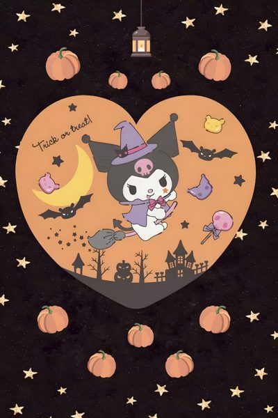 a halloween card with an image of a cat wearing a witches hat Halloween Cute Kuromi Halloween Chromebook Kuromi Halloween, Kuromi Halloween, Kuromi Autumn, black