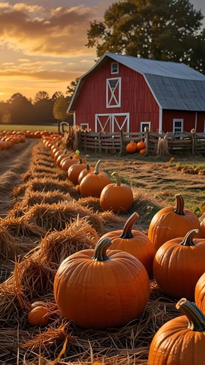 many pumpkins are on the ground in front of a red barn and hay bales Halloween Farm Pumpkin Farm, Autumn Magic, Autumn Scenes, Fall Feels, Autumn Painting, saddle brown