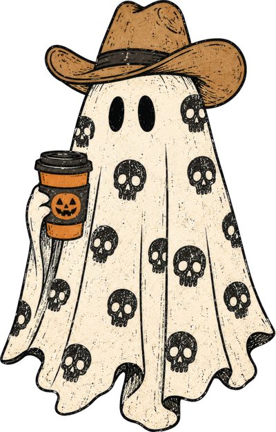 a drawing of a ghost holding a coffee cup with skulls on it's face Cowboy Ghost Halloween Halloween Hair, Brown Cowboy Hat, Halloween Cookies, Halloween Coffee, papaya whip