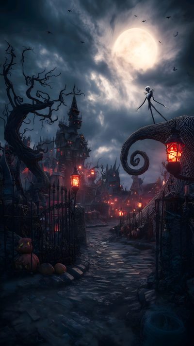 a halloween scene with pumpkins and jack - o'- lanternes in the background Halloween Town Gate Halloween City, dark slate gray