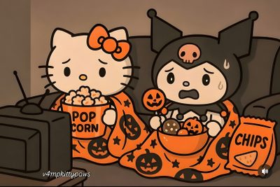 an image of hello kitty eating popcorn and watching the tv show pop corn with jack - o'- lanterns Hello Kitty Halloween Chromebook Cute, Hello Kitty, Kitty, Halloween, Design, dark olive green