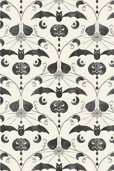 a black and white wallpaper with bat designs on it's backgroung Halloween Whimsical Bats-large Damask Print, Halloween Bats, Halloween Projects, Halloween Prints, linen