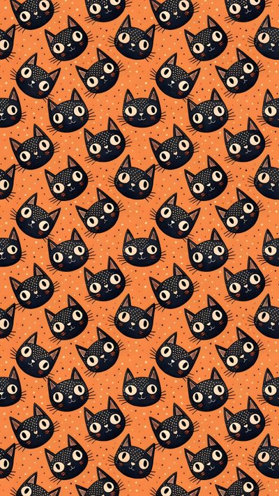 an orange background with black cats and dots Halloween Cat Stripes Pretty Patterns, Cute Halloween, Holiday Season, Halloween, Pattern, peru